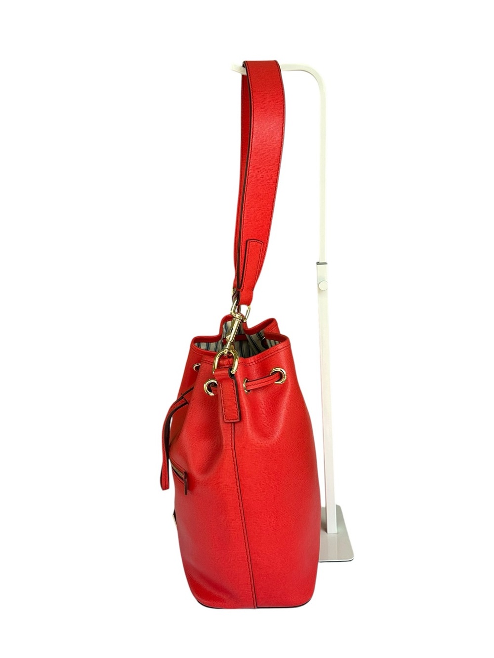 Dooney & Bourke Red/Coral Saffiano Leather Drawstring Bucket Shoulder Bag. - Picture 4 of 12